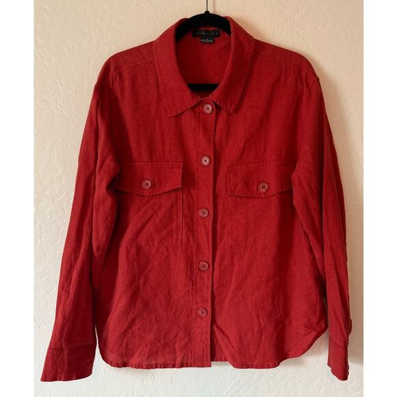 Sanctuary Orange Red Linen Blend Double Pocket Button Down Oversized Top *M* - Picture 1 of 5